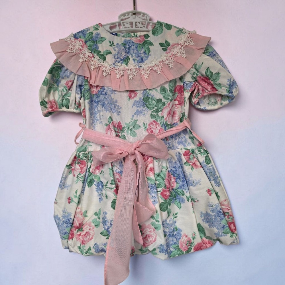 Vintage Thomas Girls Floral Lace Ruffle Dress Pink Blue Rose Cottagecore 4T